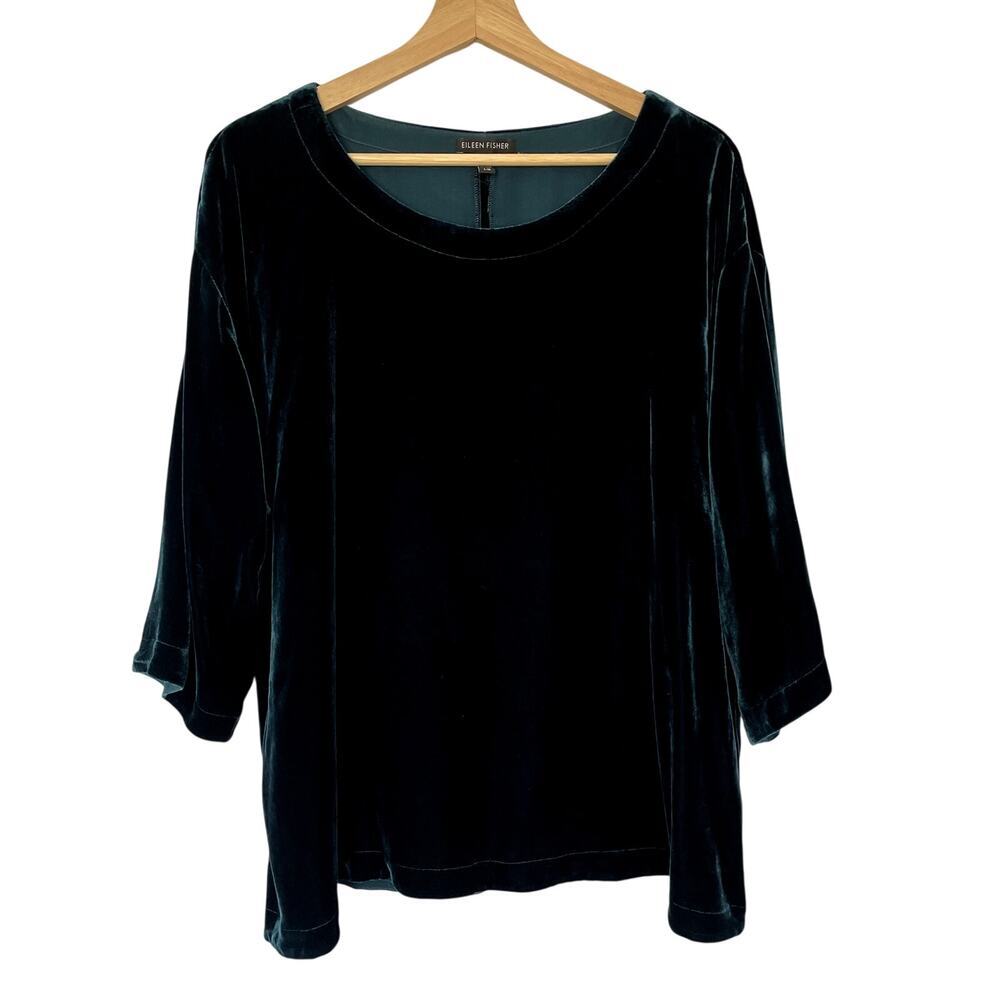Eileen Fisher silk blend green black velvet women's L flowy long sleeved top